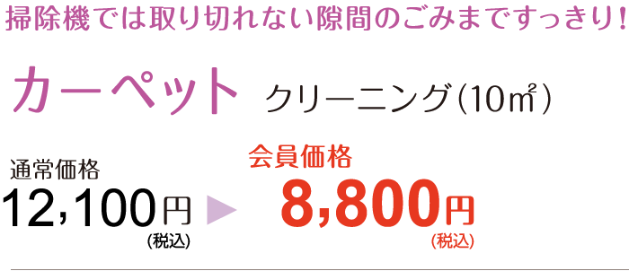 除機では取り切れない隙間のごみまですっきり！【カーペット：クリーニング（10㎡）】通常価格12,100円→会員価格8,800円