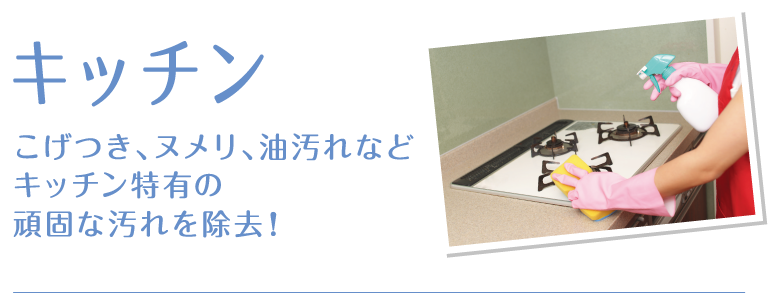 キッチン：こげつき、ヌメリ、油汚れなどキッチン特有の頑固な汚れを除去