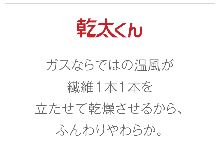 乾太くん（ガスならではの温風が繊維一本一本を立たせて乾燥させるから、ふんわりやわらか）